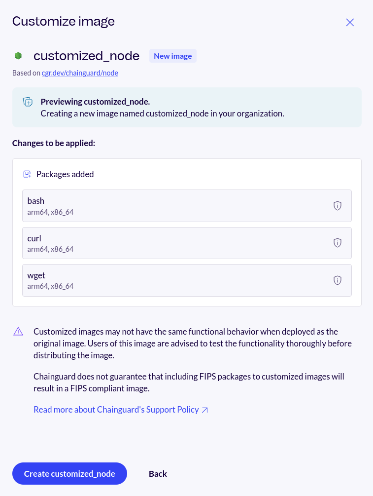 Screenshot of the customized_node image's customization preview. It shows three packages selected: bash, curl, and wget.